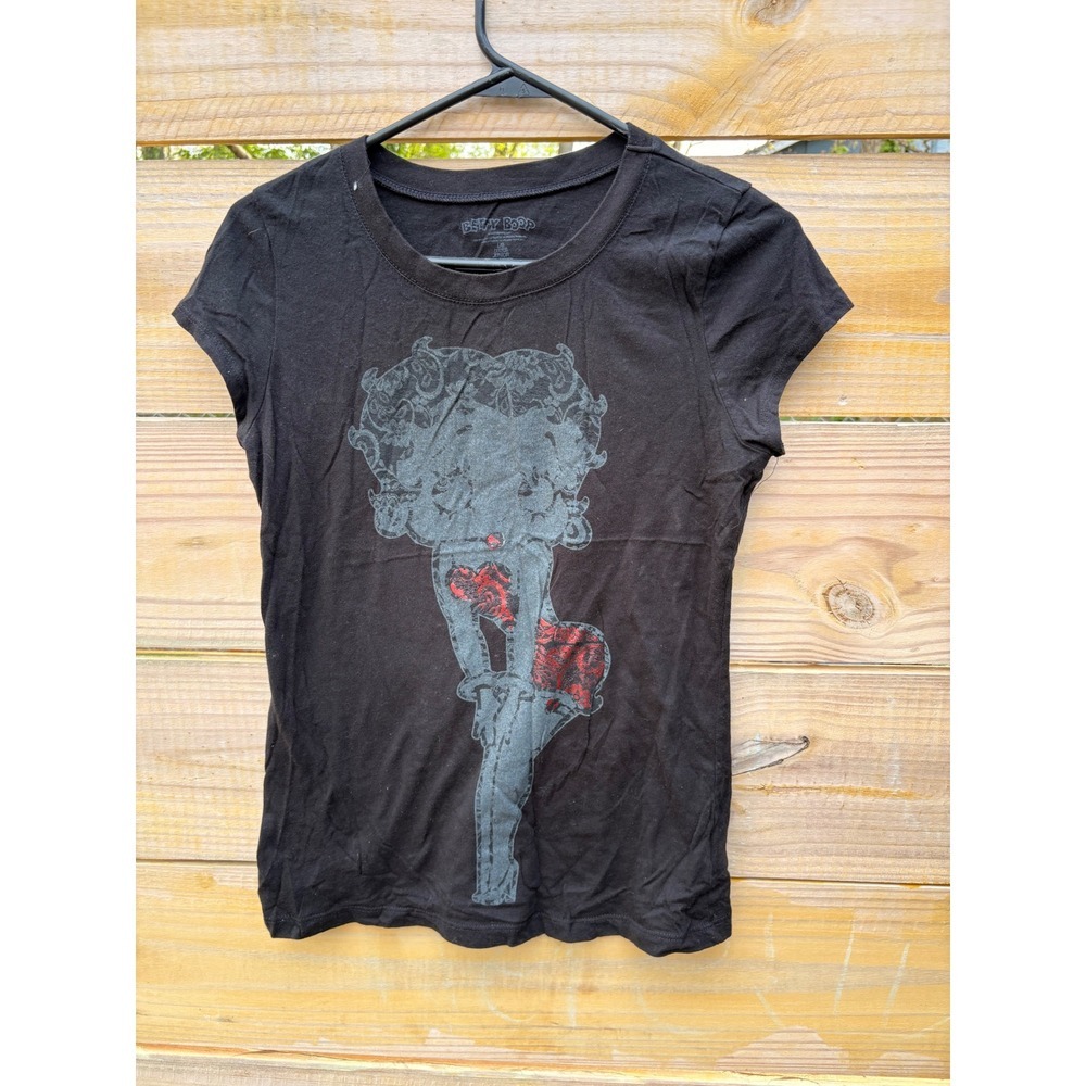 Betty Boop Graphic Tee Black Cotton Short Sleeve Junior Large Retro Pinup Shirt